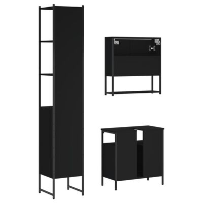Cluster image showing a tall cabinet, a wall-mounted shelf, and two small base cabinets from a black bathroom furniture set.