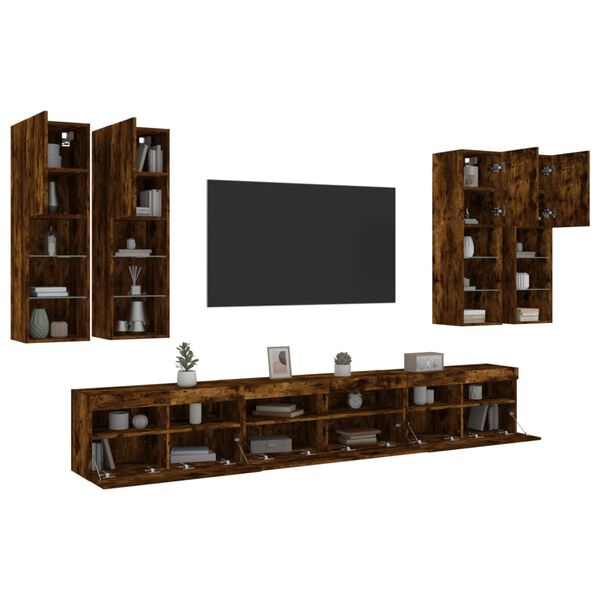 vidaXL 7 Piece TV Wall Stand Set with LED Lights Smoked Oak