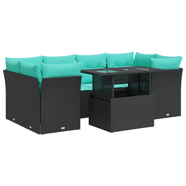 vidaXL 7 Piece Patio Sofa Set with Cushions Black Poly Rattan Acacia