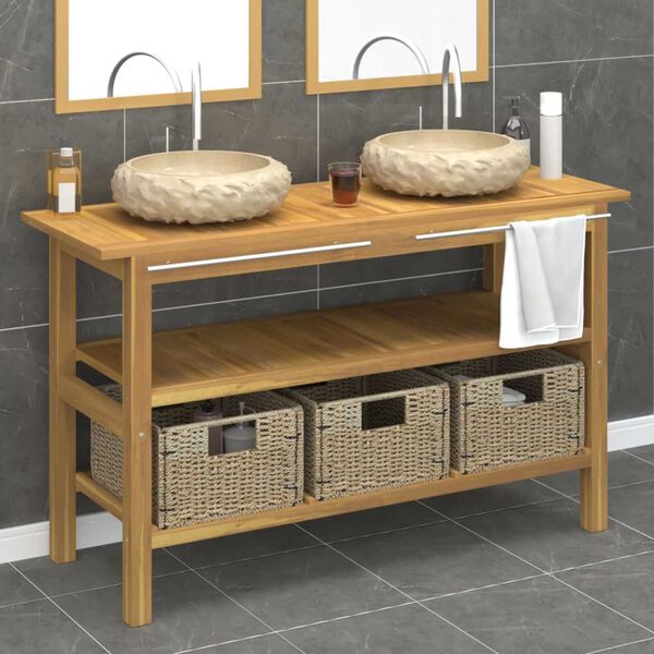 vidaXL Vanity Cabinet with Sink Teak, cream Teak wood, marble Large