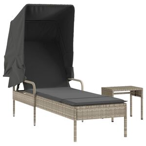 vidaXL Sun Lounger with Canopy and Table Light Grey Poly Rattan