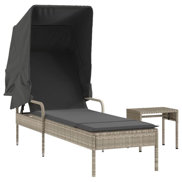 vidaXL Sun Lounger with Canopy and Table Light Grey Poly Rattan