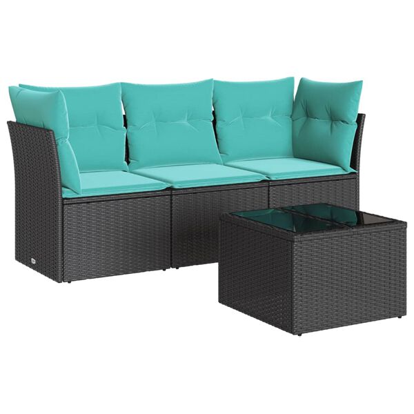 vidaXL 4 Piece Patio Sofa Set with Cushions Black Poly Rattan