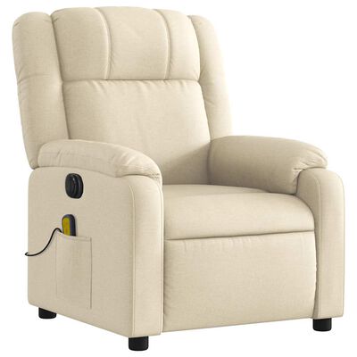 Beige upholstered recliner chair side view with armrest and base, showing rounded cushions