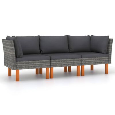 vidaXL 3-Seater Patio Sofa with Cushions Gray Poly Rattan