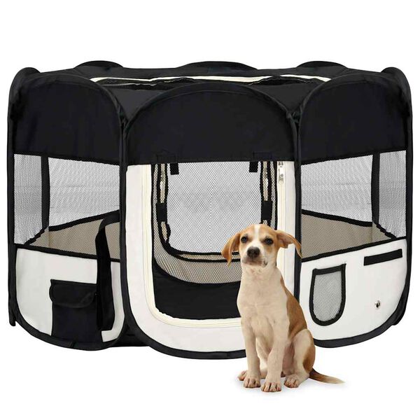 vidaXL Dog Playpen Black and cream Polyester and steel Medium Foldable