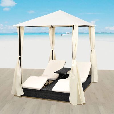 vidaXL Double Sun Lounger with Curtains Poly Rattan Black