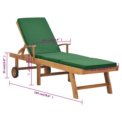 vidaXL Sun Lounger with Cushion Solid Teak Wood Green