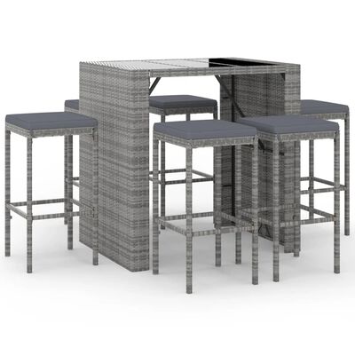 vidaXL 7 Piece Patio Bar Set with Cushions Gray Poly Rattan