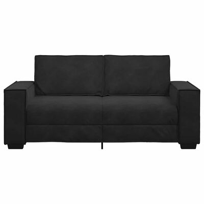 Black three-seater sofa viewed from the front with wide armrests