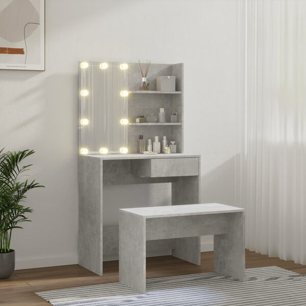 vidaXL Dressing Table Set with LED Concrete Grey Engineered Wood Medium