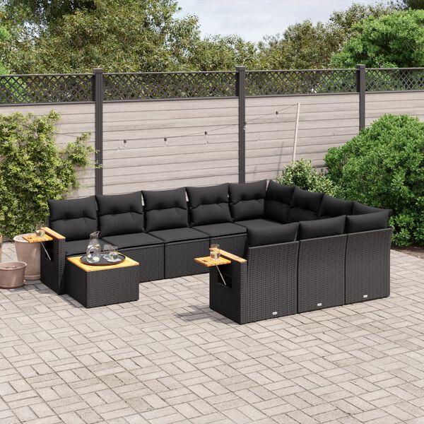 vidaXL 11 Piece Patio Sofa Set with Cushions Black Poly Rattan