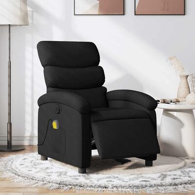 Black upholstered recliner in a living room setting with side pocket