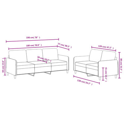 Assembly diagram with dimensions for two sofa configurations showing lengths and heights in pink measurements.