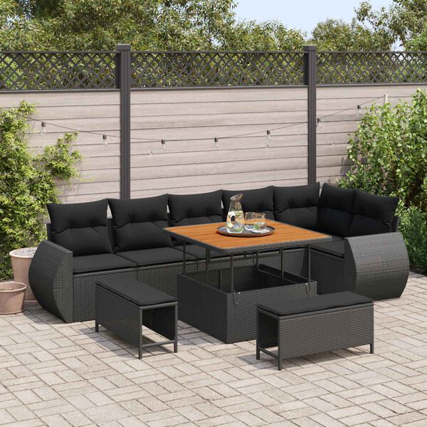 vidaXL Garden Sofa Set Height-Adjustable 9 pcs Black Poly Rattan