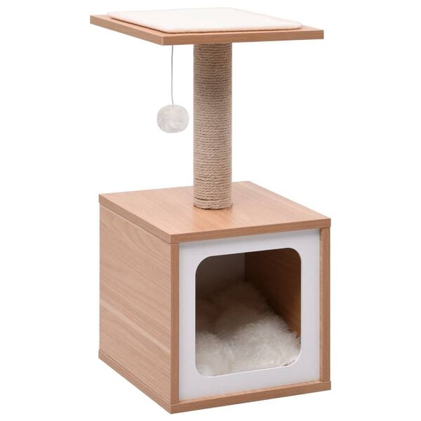 vidaXL Cat Tree Brown and White Wood, MDF, Veneer, Sisal, Jute, Faux Fur