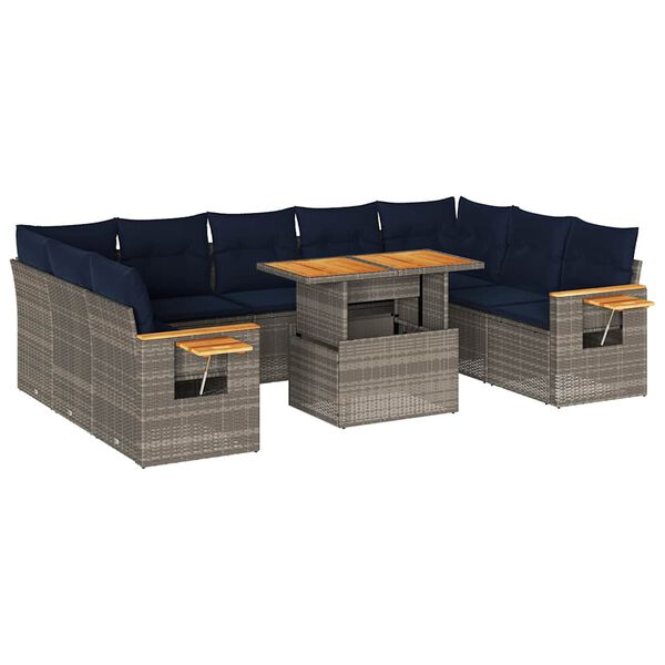 vidaXL 10 Piece Patio Sofa Set with Cushions Gray Poly Rattan Acacia
