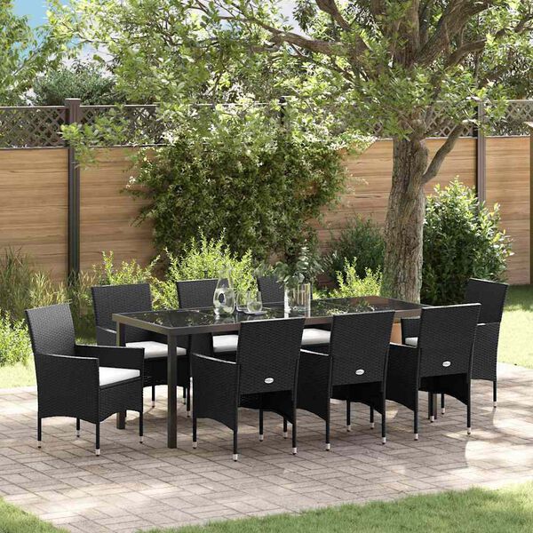 vidaXL Garden Dining Set with Cushion 9 pcs Black Poly Rattan