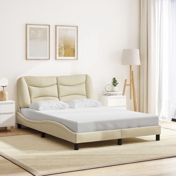 vidaXL Bed Frame Cream Polyester, Metal, Solid Pine Wood, Plywood Double