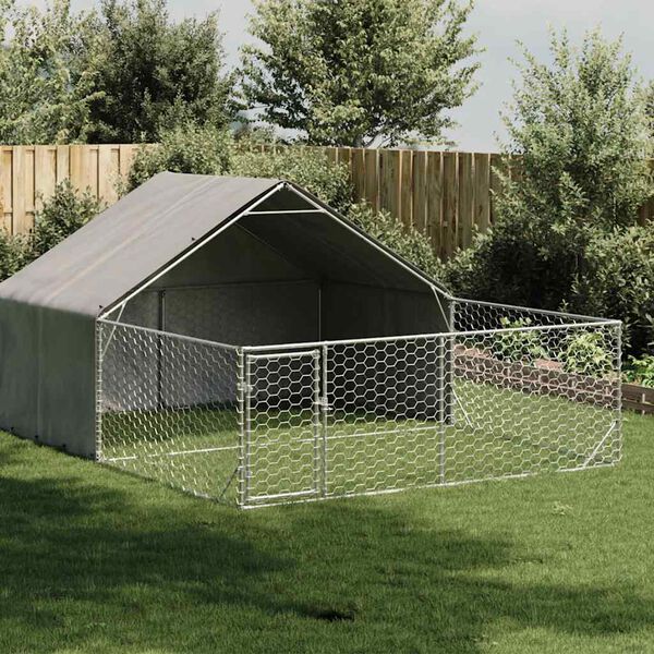 vidaXL Outdoor Dog Kennel Galvanized Steel Grey Galvanized Steel, PE Fabric