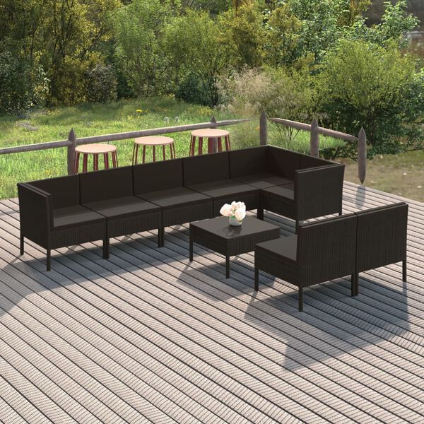 vidaXL Garden Lounge Set Black PE Rattan, Powder-Coated Steel, Polyester
