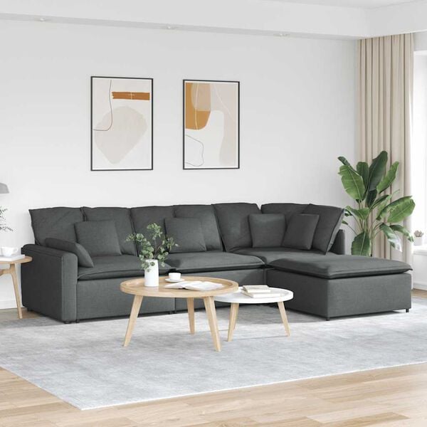vidaXL Modular Sofa with Footstool&Cushions Fabric Dark Gray