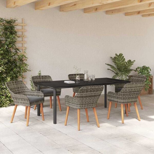 vidaXL Garden Dining Set with Cushion 7 pcs Grey Poly Rattan