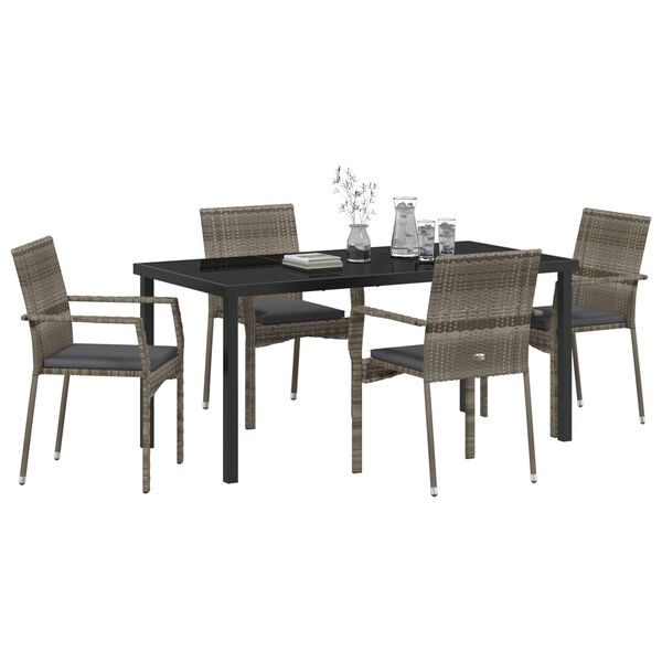 vidaXL Garden Dining Set with Cushion 5 pcs Grey Poly Rattan