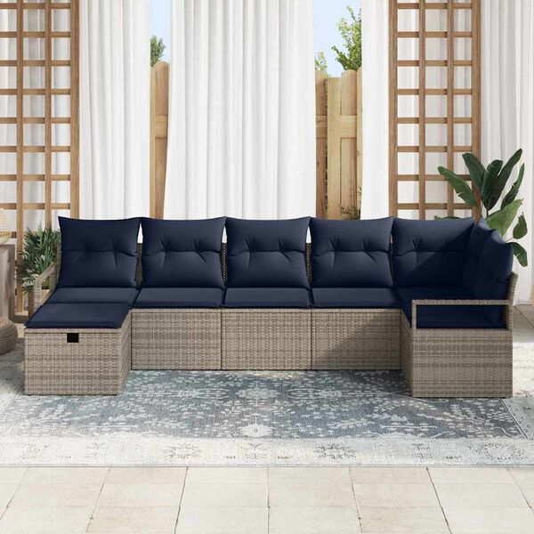 vidaXL Sofa Set with Cushion Manual 7 pcs Grey and Navy Poly Rattan