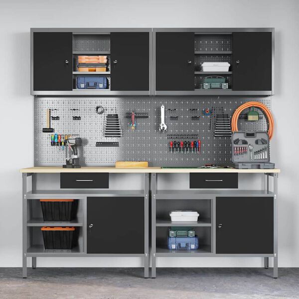 vidaXL Work Bench Set with Drawer with Shelf with Storage Black Steel