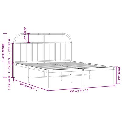 vidaXL Metal Bed Frame with Headboard White 59.8"x78.7"