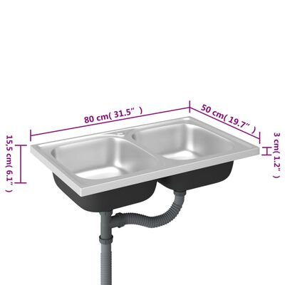 vidaXL Kitchen Sink with Double Basins Silver 31.5"x19.7"x6.1" Stainless Steel