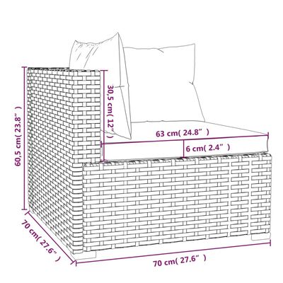 Diagram of single-seat cushioned ottoman or chair with wicker base and dimensions.