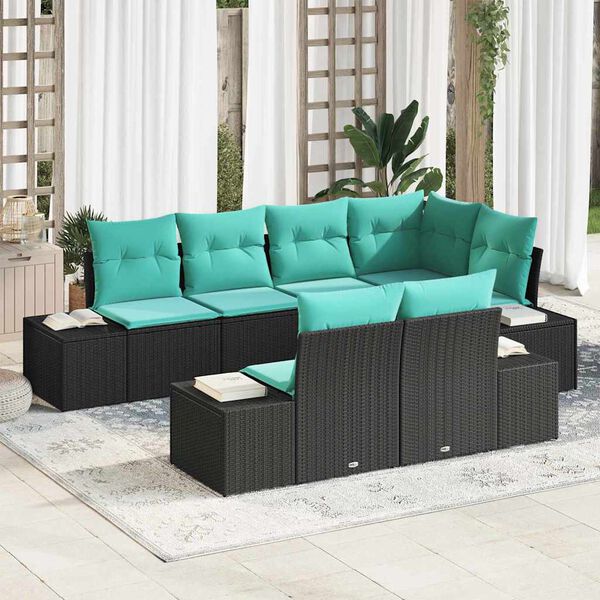 vidaXL Garden Sofa Set with Cushion 7 pcs Black Poly Rattan