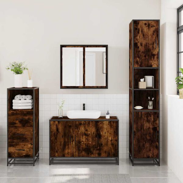 vidaXL Bathroom Furniture Set Smoked oak Engineered wood, metal, glass