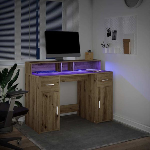 vidaXL Desk with LED Lights Artisian Oak 47.2x21.7x35.8" Engineered Wood