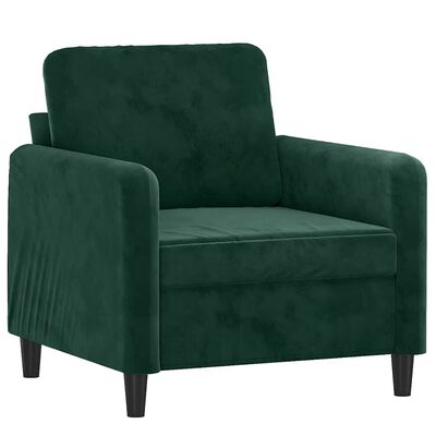 Close-up of a green upholstered armchair with dark wooden legs.