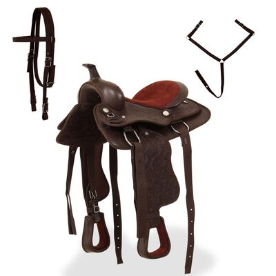vidaXL Western Saddle, Headstall&Breast Collar Real Leather 13" Brown