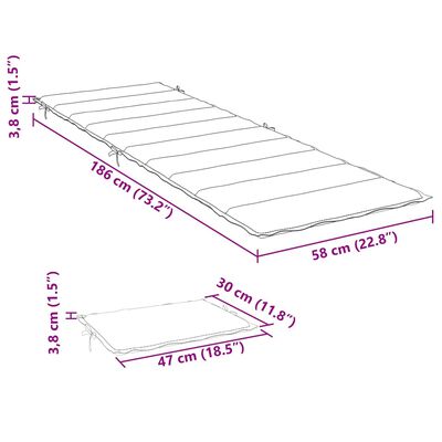 Diagram of a grey and white mattress with dimensions 186 cm by 58 cm and 3.8 cm height, plus smaller mat 47x30 cm