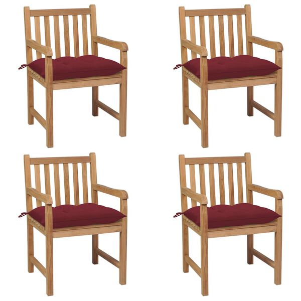 vidaXL Patio Chair Set of 4 Teak with Wine Red Cushions