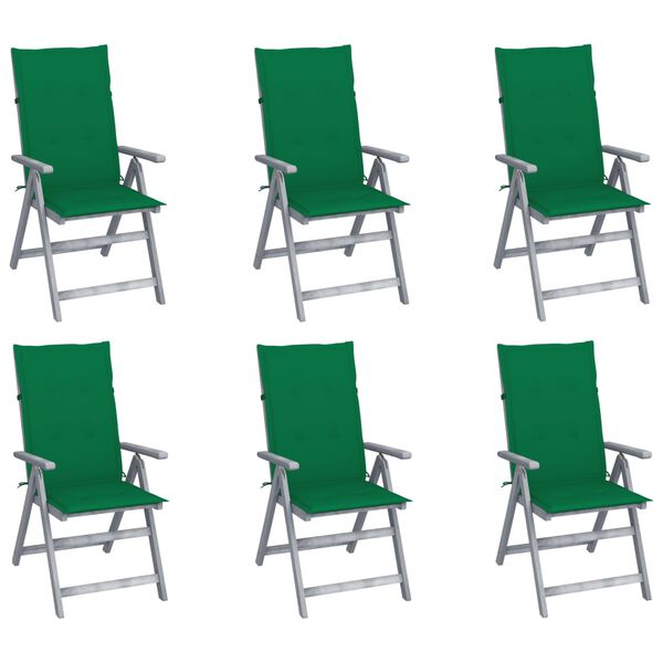 vidaXL Patio Chair Set of 6 Gray, Green Solid Acacia Wood, 100% Polyester