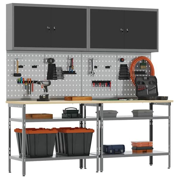 vidaXL Work Bench Set with Shelf with Storage Adjustable Gray Steel