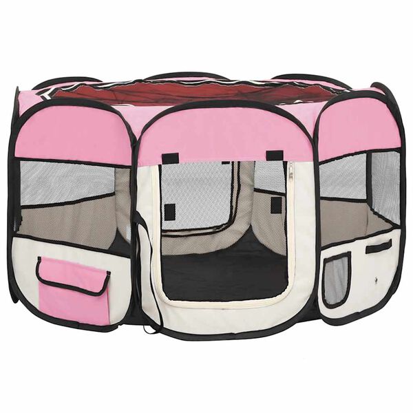 vidaXL Dog Playpen Pink and Cream Polyester and Steel Medium Foldable