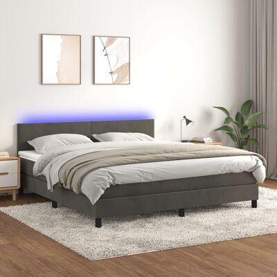 vidaXL Box Spring Bed with Mattress&LED Dark Gray 59.8"x79.9" Queen Velvet