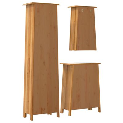 Three wooden wall-mounted or hanging panels/cabinet pieces in natural wood, different sizes