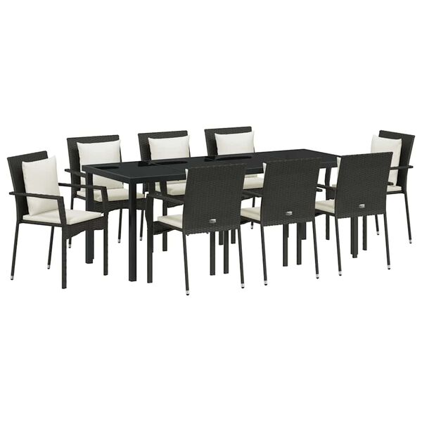 vidaXL Garden Dining Set with Cushion 9 pcs Black Poly Rattan