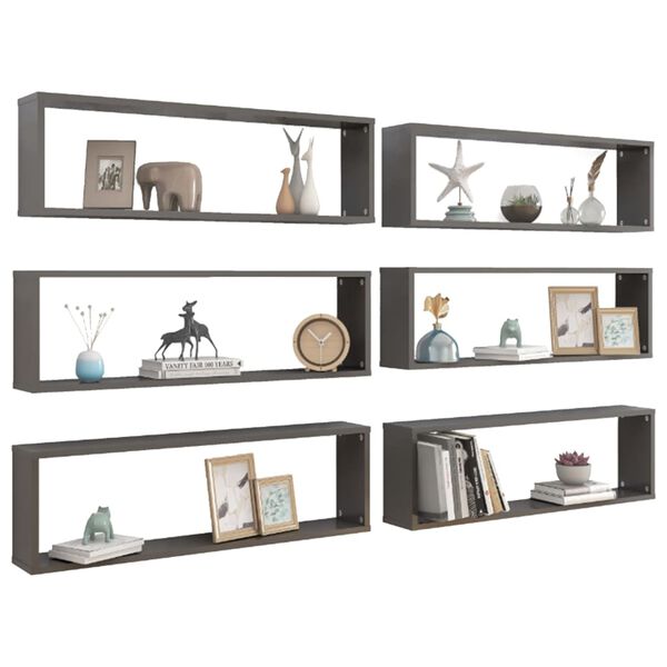 vidaXL Wall Shelf Set of 6 High gloss gray Engineered wood Medium