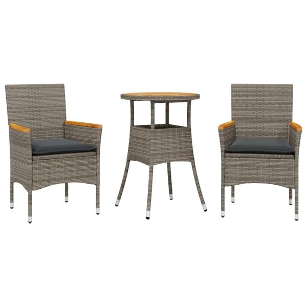 vidaXL 3 Piece Patio Dining Set with Cushions Grey Poly Rattan and Acacia
