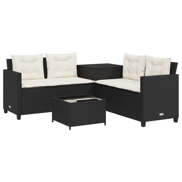 vidaXL Patio Sofa with Table and Cushions L-Shaped Black Poly Rattan