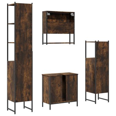 Multiple rustic bathroom furniture pieces including tall cabinet, wall cabinet, vanity, and tall open cabinet shown in a layout.
